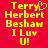 Red background with yellow pixelated text reading 'Terry Herbert Beshaw I Luv U!' and a heart symbol replacing the 'o' in 'Luv'.