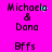 A bright pink background displays pixelated text reading "Michaela & Dana" and "Bffs" in black, with cyan dots animating near the 'Michaela' text.