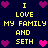 Pixelated text and heart symbols arranged in a on a dark blue background, with yellow text and pink/purple hearts