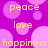A static image with a purple background featuring pink circles and yellow text reading peace, love, happiness repeated in a pattern