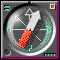A circular compass-like icon with a red and white arrow pointing northeast, surrounded by green tick marks on a dark gray background.