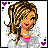 Animated contact sheet of a pixel-art doll character with blonde hair, pink top, and blue dress holding a white dog, showing facial expressions, pose changes, and partial text reveal across 10 frames.