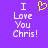 Purple background with white pixelated text reading "I Love You Chris!" and a yellow heart symbol above the text on both sides.