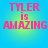 Four identical display pink text 'TYLER is AMAZING' over a blue-green gradient background with pixelated edges