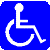 Blue square icon with rounded corners containing white stylized figure in a wheelchair, rendered in pixelated style with visible dithering.