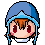 Pixel art contact sheet of three animated frames showing a character with blue hood, orange hair, and red eyes in different expressions against gray background.