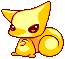 A 4-frame pixel art animation of a yellow cartoon squirrel-like creature with large ears, round eyes, and a bushy tail sitting in various poses against a gray background.
