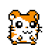 Four pixel-art hamster faces with orange and white fur, black eyes, and small whiskers displayed in a on gray background