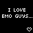 Black background with white pixelated text repeating "I LOVE EMO GUYS..." and heart/arrow symbols changing across frames.