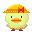 Pixelated yellow chick with orange beak and brown feet wearing orange hard hat with red stripe, shown in multiple expressions and poses