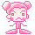 Pixel art contact sheet of four animated frames showing a pink cartoon character with twin buns, varying facial expressions and eye states on gray background.