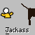 Pixelated character in yellow shirt and white head performs actions with brown object against gray background, text 'Jackass' below.