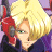 Pixelated anime-style character with blonde hair and green eyes, wearing a dark blue outfit with red accents, positioned next to black background with white text.