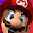 Pixelated close-up of a character with red cap, blue eyes, black mustache, and brown hair against red background.