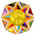 Circular pixelated icon with central yellow sphere surrounded by radiating triangular shapes in red, blue, green, purple, orange, and brown hues.