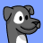 Pixelated dog head with gray fur, white chest patch, and blue background showing two expressions: open eyes on left, closed eye on right.