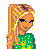 Pixel art contact sheet showing multiple frames of a female character with blonde hair wearing a green polka-dot shirt and dark pants, including full-body views, torso close-ups, legs, and handwritten text elements.