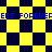 Yellow and dark blue checkered pattern with repeated pixelated text "EES FOREVEFEES FOREVER" in blue, transitioning from square to diamond shapes.