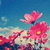 Pixelated image of pink flowers with yellow centers against a blue sky background, featuring soft white cloud-like shapes.