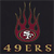 Static pixel art icon featuring a red and brown flame-like shape with white sparkles at the center, above stylized golden text reading "49ERS" on a dark background.