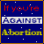 A split-screen pixel art image with blue and red backgrounds displaying text about abortion opposition.