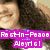 A pixelated image of a person with long dark hair smiling, overlaid with purple text reading "Rachn-Peace Aleyrl" in