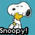 Pixelated cartoon dog with white fur and black nose, wearing yellow scarf, sitting against light blue background with text 'Snoopy!' below.