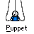 Pixelated puppet character in blue shirt with white face, suspended by gray strings, displayed in four of four icons each