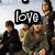Animated sequence showing a group of people with text overlays changing from 'love' to 'fall out boy'.