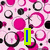 A static image with four distinct sections: pink and black circular patterns, a yellow heart with green text, colorful stars, and a gray area.