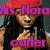 Pixelated image of a person with long dark hair wearing a red cap and black sleeveless top, with purple text overlays reading 'Mrs. Nora' and 'carter' on the image.