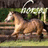 A pixelated horse runs left to right in a muddy field with green foliage and wooden fencing, next to bright pink text on a solid green background.