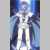 Pixelated vertical image of a humanoid figure in white and blue tones with dark accents, standing against a gradient background.