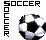 Pixelated soccer-themed icon with 'SOCCER' text in blocky black letters, a classic black-and-white soccer ball graphic on white background.