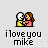 Pixel art animation of two figures in a sequence showing a kiss, with text below reading 'iloveyou mike' in lowercase.