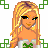 Pixel art contact sheet showing a female character in various poses with green text phrases and repeated "cute" labels on a white background.