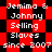 Red and black checkered background with repeated white text reading "Jemima & Johnny Selling Slaves since 2007" in pixelated font.