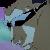 Pixelated image of a white and black animal-like figure with a long tail, set against a gradient background of purple, blue, and gray tones.