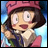 Pixelated anime-style character with brown hair and red cap, holding a staff-like object against a blue sky background.
