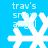 A blue background displays four white snowflake-shaped icons with pixelated text reading 'trav's snow angel' above each, arranged in a