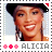Alicia Keys smiling face in a pixelated stamp-style icon with pink and red symbols and 'ALICIA' text below.