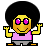 Pixel art character with afro hairstyle, pink sunglasses, and pink tank top in three animated poses against gray background