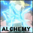Animated sequence of a character with yellow hair and blue energy effects, displaying text 'ALCHEMY' with varying letter colors.