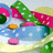 Pixelated static image of a blue and white object with pink, green, yellow, and orange elements against a light background.