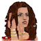 A woman with long brown hair wears a red top and gold jewelry, her hand near her face in various poses.