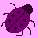 Pixelated purple ladybug with dark spots on a light pink background, featuring segmented legs and antennae in motion.