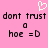 Pink background with pixelated text and symbols: 'dont trust' repeated twice, two small squares below each phrase, 'hoe =D' under each square.