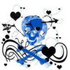 Blue skull with black heart and arrow motifs on white background, surrounded by black swirls and small hearts.