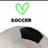 Green heart outline above blurred text and soccer ball on white background, with blue text on dark blue and gray
