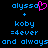Pixelated text displays 'alyssa' with a pink heart symbol replacing the final letter, followed by '+ koby =4ever and alwaysand always', all in blue on black background.